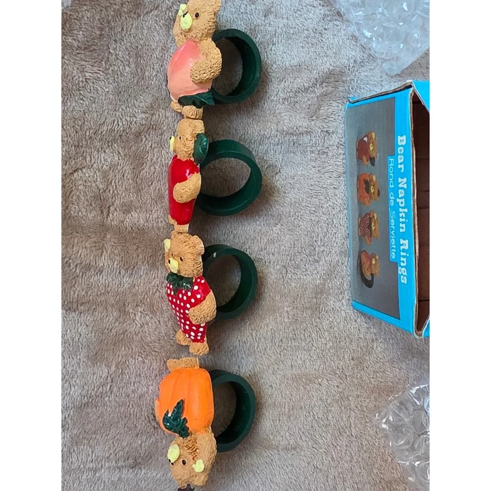 Vintage Teddy Bear Napkin Rings Set of 4 Fruit Vegetable Resin Harvest Decor